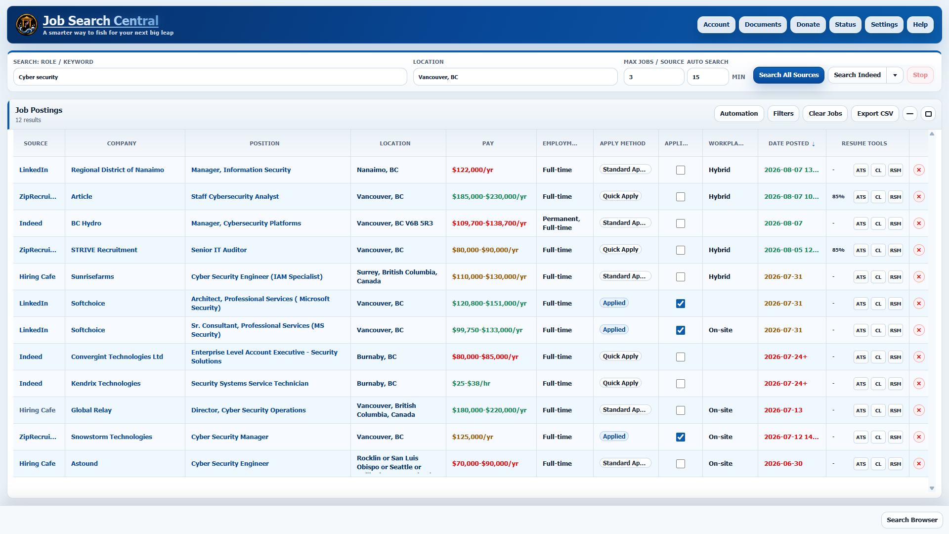 Job Search Central showing job results from multiple sources in a unified table